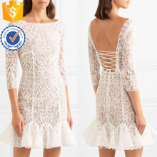 Dentelle ébouriffée blanche manches trois-quarts manches Mini robe d'été Fabrication en gros de mode femmes vêtements (TA0333D)